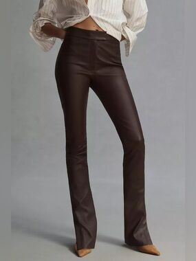 Lamarque Dawn Split-Hem Stretch Leather Pants in Brown, size 2